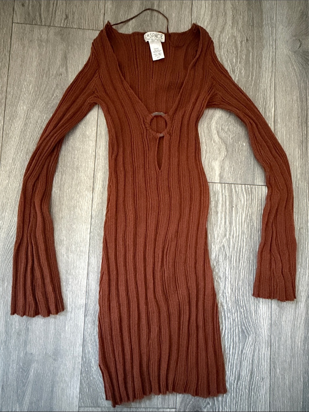 l*space Rust Brown Ribbed Long-Sleeve Knit Dress cover up with Front Ring small